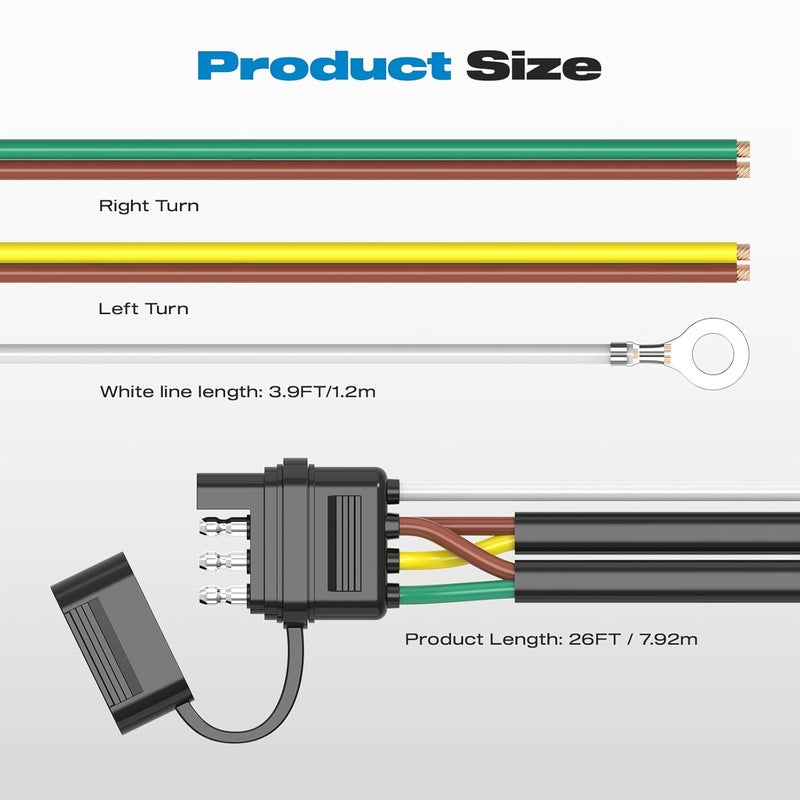 Malictele 4 Pin 5 Wire Trailer Wiring Harness Kit, 26FT 16AWG Core with Jacketed Cable Trailer Light Kit 4 Way Flat 5 Wire Trailer Plug for Rewiring Both-Side Taillights on Trailers RVs and Boats - Image 2